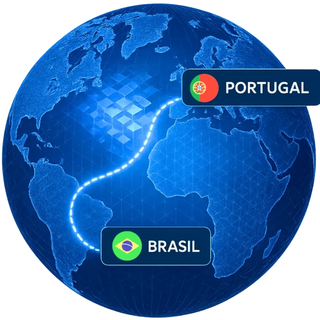 Mapa 3D com conexão entre Brasil e Portugal representando a expansão internacional da Casa Mais
