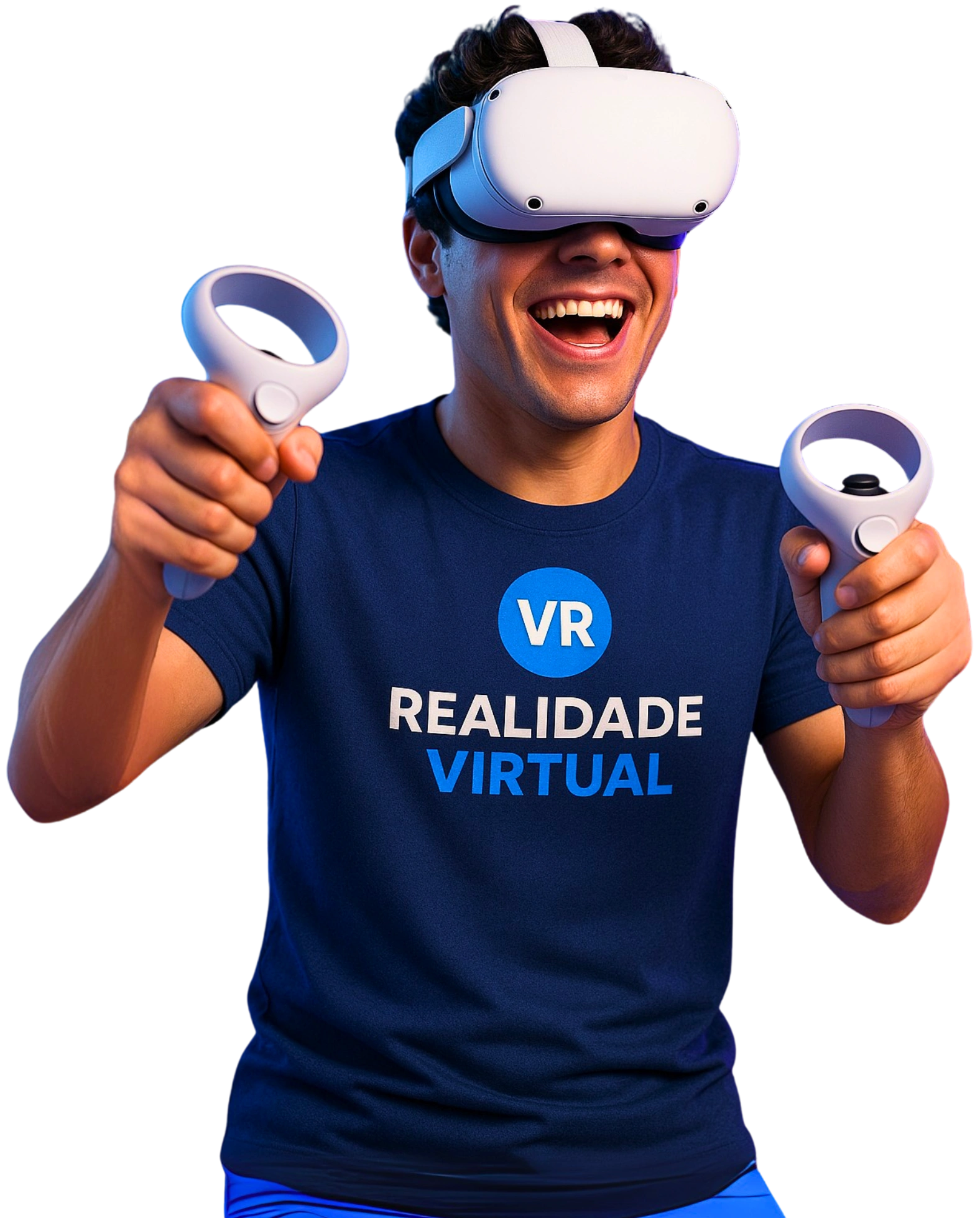 Homem sorrindo com óculos de Realidade Virtual e camiseta VR segurando controles imersivos.