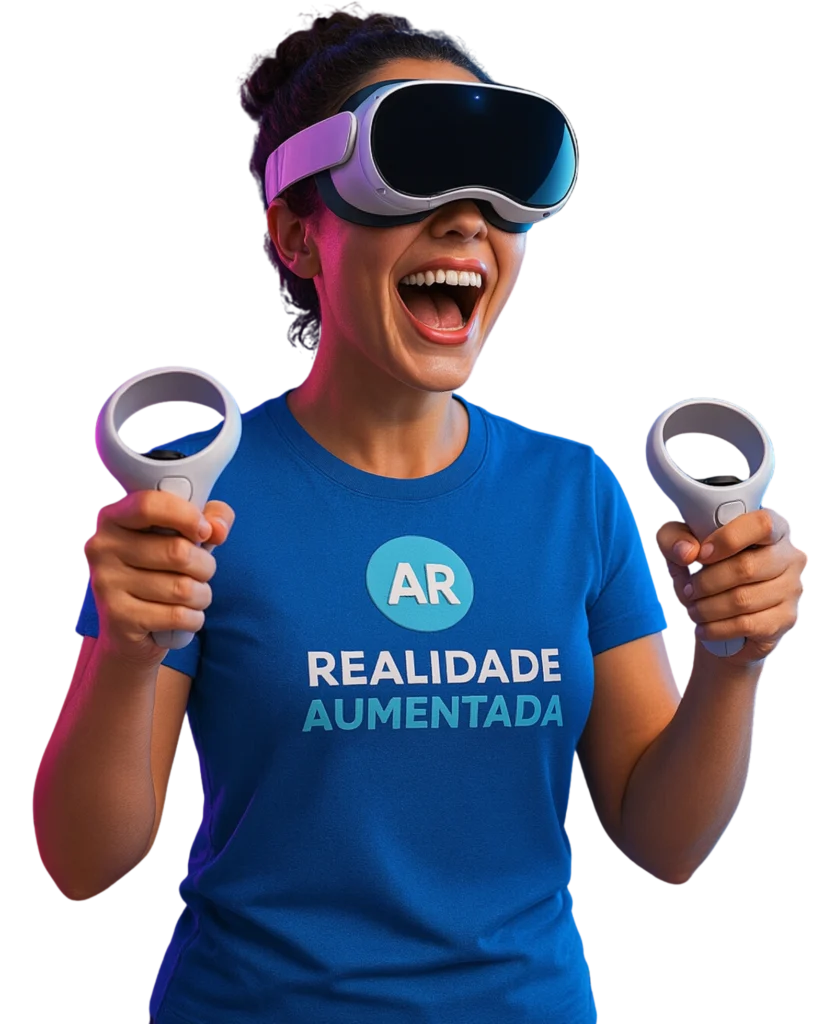 Mulher sorridente com óculos de Realidade Aumentada e camiseta AR segurando controles interativos.
