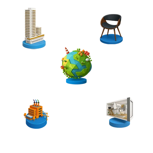 Ícones 3D de mundo, prédio, fábrica, cadeira e apartamento representando experiências imersivas da Casa Mais