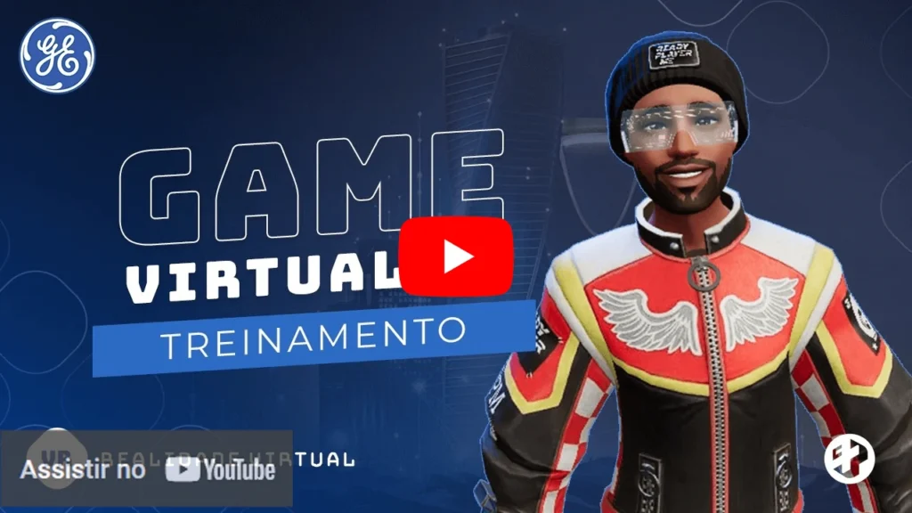 Game virtual de treinamento da GE com avatar masculino estilizado.