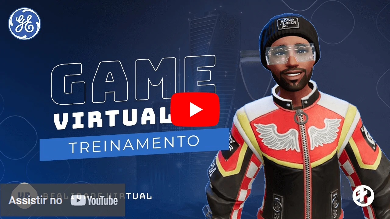 Game virtual de treinamento da GE com avatar masculino estilizado.