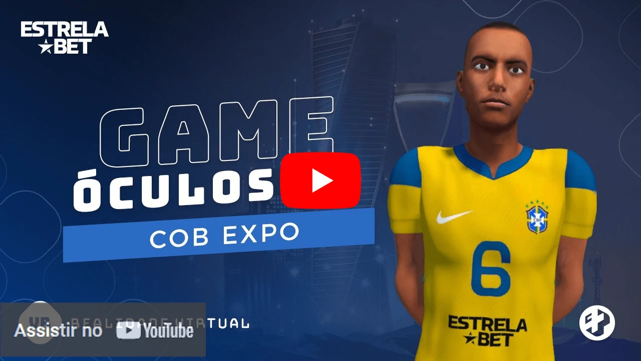 Avatar de jogador de futebol vestindo uniforme do Brasil com logo EstrelaBet, ao lado do título "Game Óculos COB Expo".