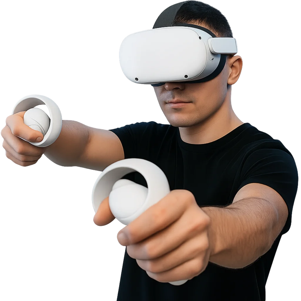 Homem com headset de realidade virtual branco e controles nas mãos, em pose de imersão interativa. Fundo transparente.