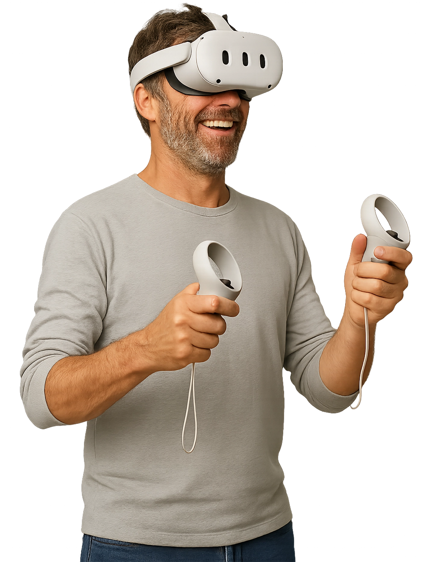 Homem sorrindo usando óculos de Realidade Virtual e controles interativos.