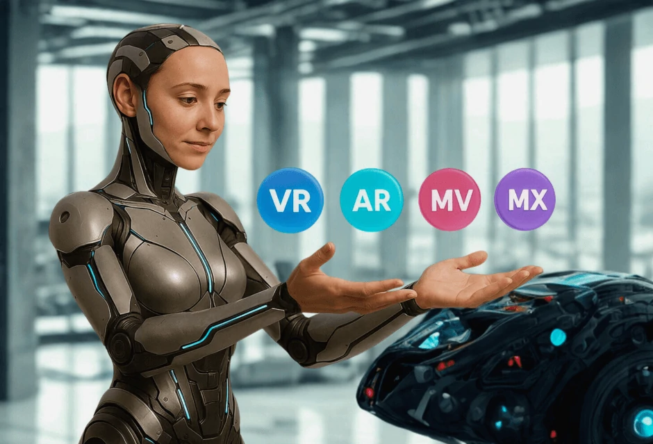 Humanoide com IA interage com ícones de VR, AR, MV e MX em ambiente futurista.