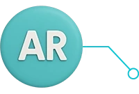 Ícone azul claro com as letras "AR" em branco e conexão gráfica circular