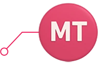 Ícone rosa com as letras "MT" em branco e linha de conexão gráfica