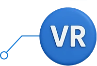 Ícone azul com as letras "VR" em branco e conexão gráfica circular