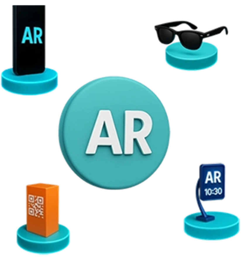 Ícones representando tecnologias de Realidade Aumentada como óculos inteligentes, QR Code, placas interativas e dispositivos móveis.