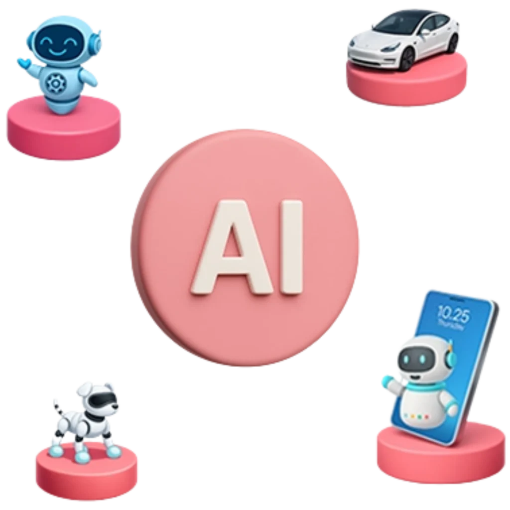 Ícones 3D representando a Inteligência Artificial aplicável em diferentes setores: robôs, carros autônomos, assistente virtual e chip de IA sobre base rosa.