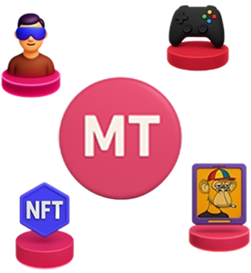 Ícones ilustrando o conceito de Metaverso com avatar 3D, NFT, jogos digitais e artes colecionáveis.