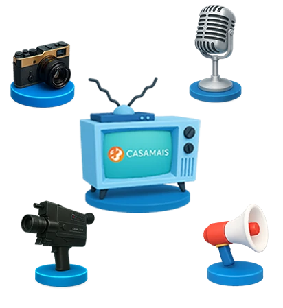 Ícones 3D de câmera, TV, microfone, filmadora e megafone em torno do logo Casa Mais.