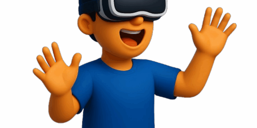 Boneco com óculos VR e expressão animada.
