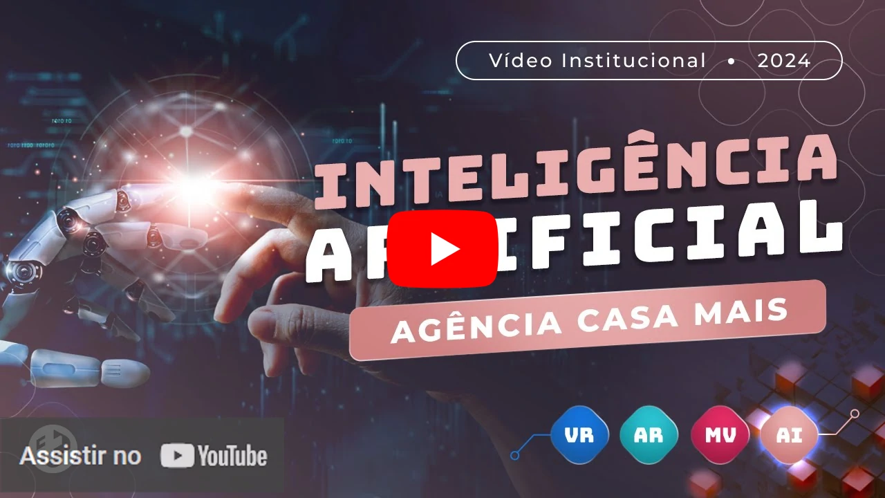 Mão robótica e humana tocando em um centro de luz, representando tecnologia e conexão, com os textos “Inteligência Artificial” e “Agência Casa Mais”
