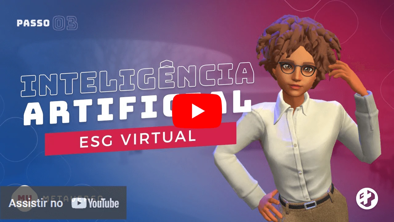 Imagem de uma personagem 3D com óculos e camisa branca, ao lado do texto “Inteligência Artificial – ESG Virtual”, com fundo em tons azul e rosa.