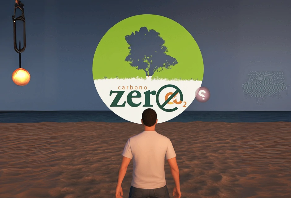 Avatar explora ambiente 3D de sustentabilidade com logotipo carbono zero ao fundo.