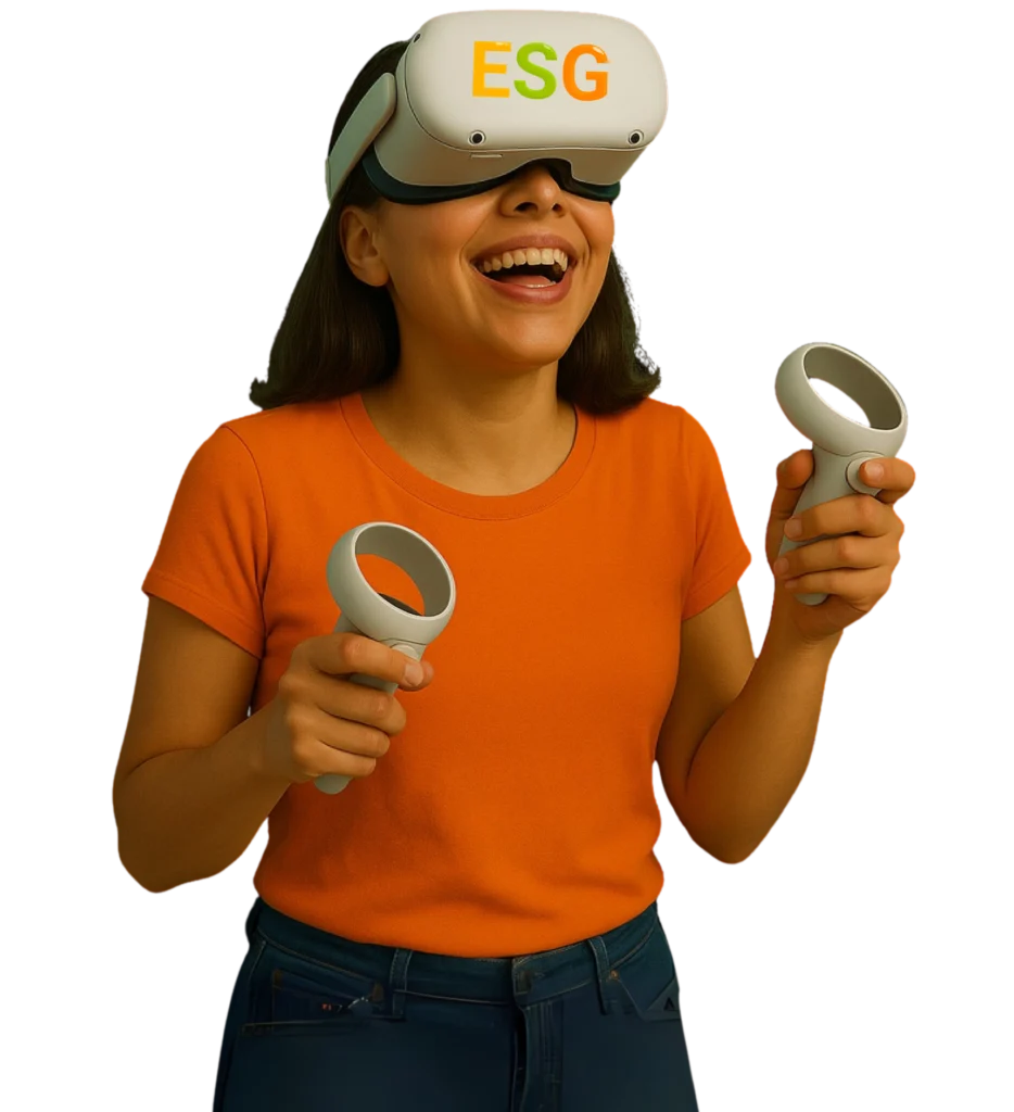 Mulher sorrindo com óculos de Realidade Virtual com a sigla ESG, segurando controles durante um jogo imersivo corporativo.