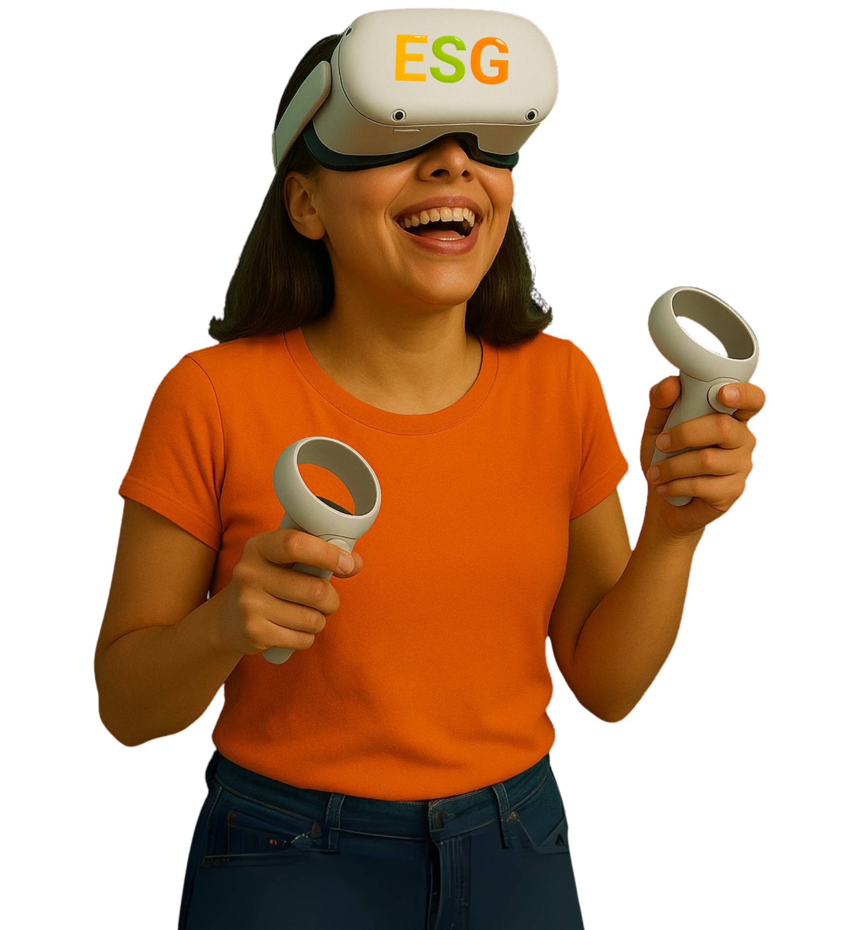 Mulher sorrindo com óculos de Realidade Virtual com a sigla ESG, segurando controles durante um jogo imersivo corporativo.