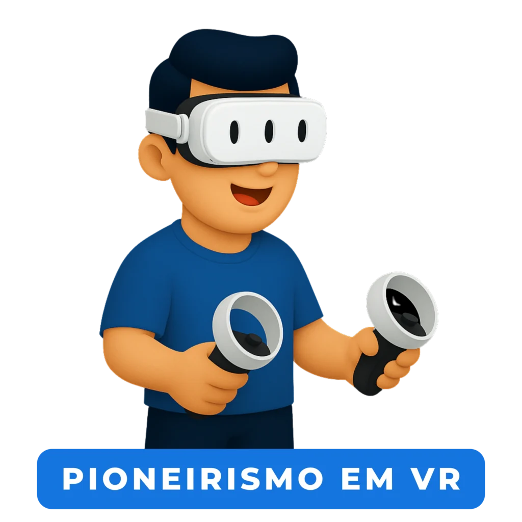 Avatar cartoon usando óculos de Realidade Virtual e controles, simbolizando jogos imersivos com foco em ESG para empresas.