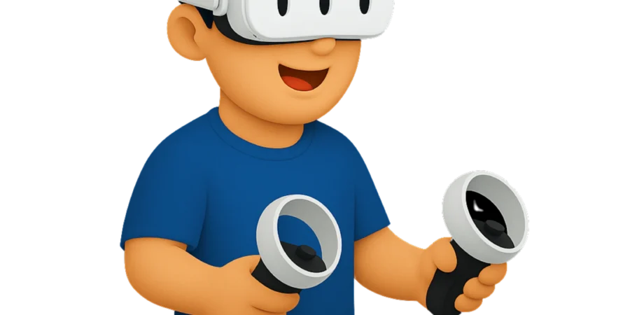 Avatar cartoon usando óculos de Realidade Virtual e controles, simbolizando jogos imersivos com foco em ESG para empresas.