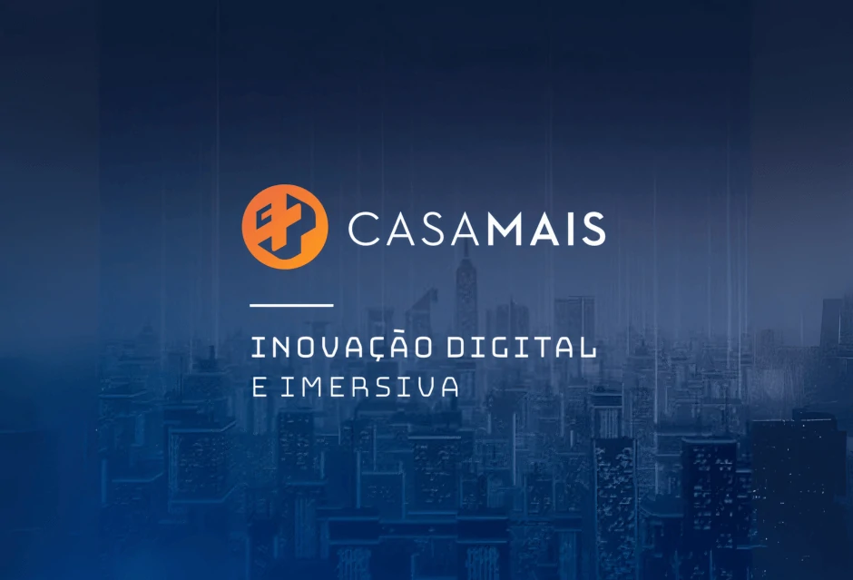 Logotipo da Casa Mais com o slogan "Inovação Digital e Imersiva" sobre fundo de cidade futurista.
