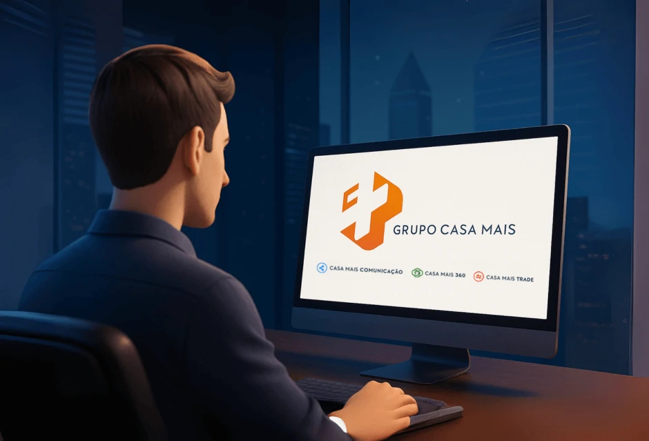 Profissional observando o logo do Grupo Casa Mais com divisões Comunicação, 360 e Trade na tela do computador.