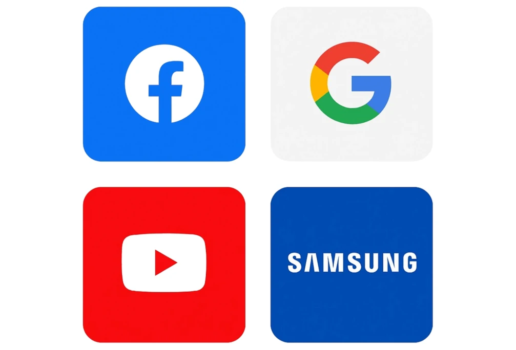 Logotipos do YouTube, Facebook, Google e Samsung, pioneiros em Realidade Virtual.
