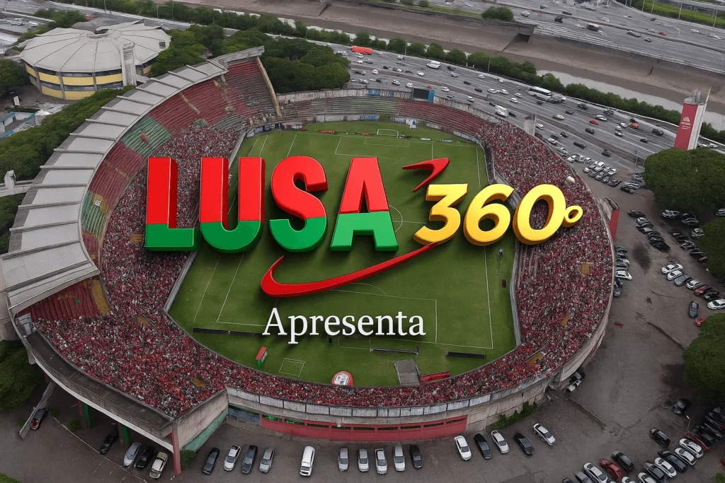 Imagem aérea do Estádio do Canindé com o logo "Lusa 360°", representando vídeo imersivo da final da Série B.