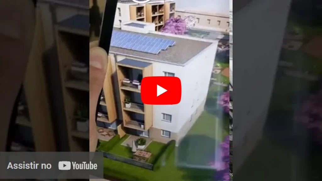 Aplicativo de realidade aumentada exibindo maquete digital de prédio residencial com energia solar