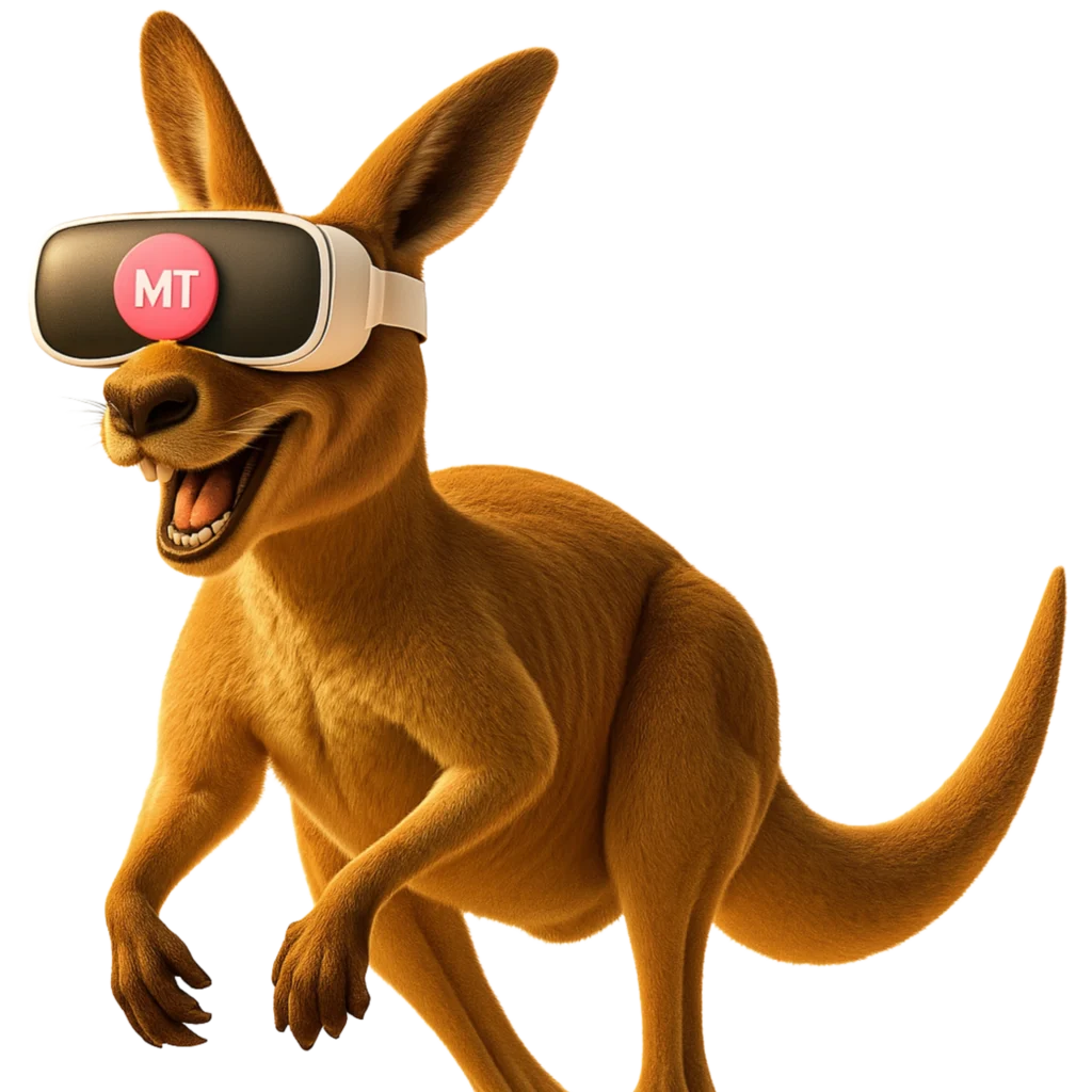 Canguru usando óculos de realidade virtual com o símbolo MT representando Metaverso.
