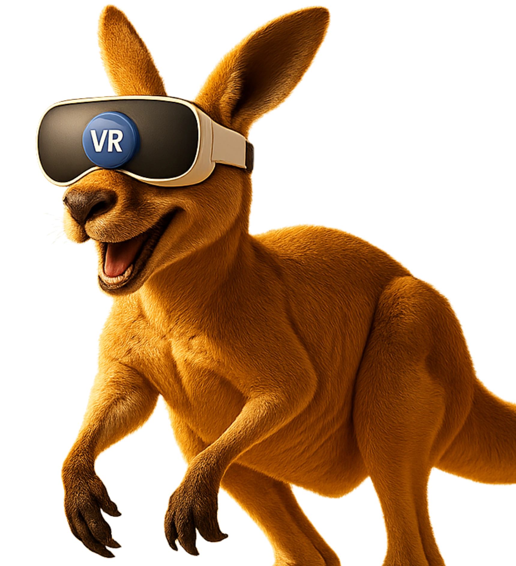 Canguru animado com óculos de Realidade Virtual e ícone VR em fundo escuro.