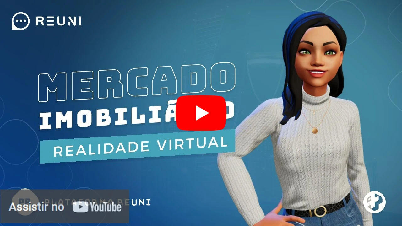 Avatar feminina apresentando vídeo sobre o mercado imobiliário com realidade virtual na plataforma Reuni
