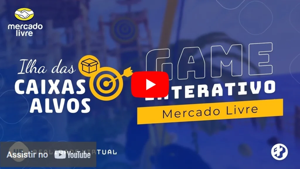 Thumbnail com título “Ilha das Caixas Alvos – Game Interativo Mercado Livre”, com alvos e caixas em destaque.