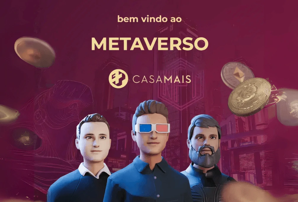 Avatares 3D em ambiente virtual com moedas digitais e logotipo da Casa Mais.