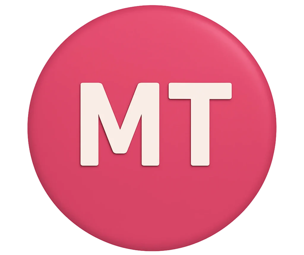 Ícone bordô com as letras MT que representa o serviço de Metaverso para empresas da Casa Mais.