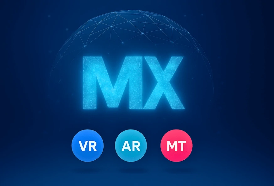 Logotipo MX brilhante sobre fundo azul com ícones de VR, AR e MT representando experiências imersivas.