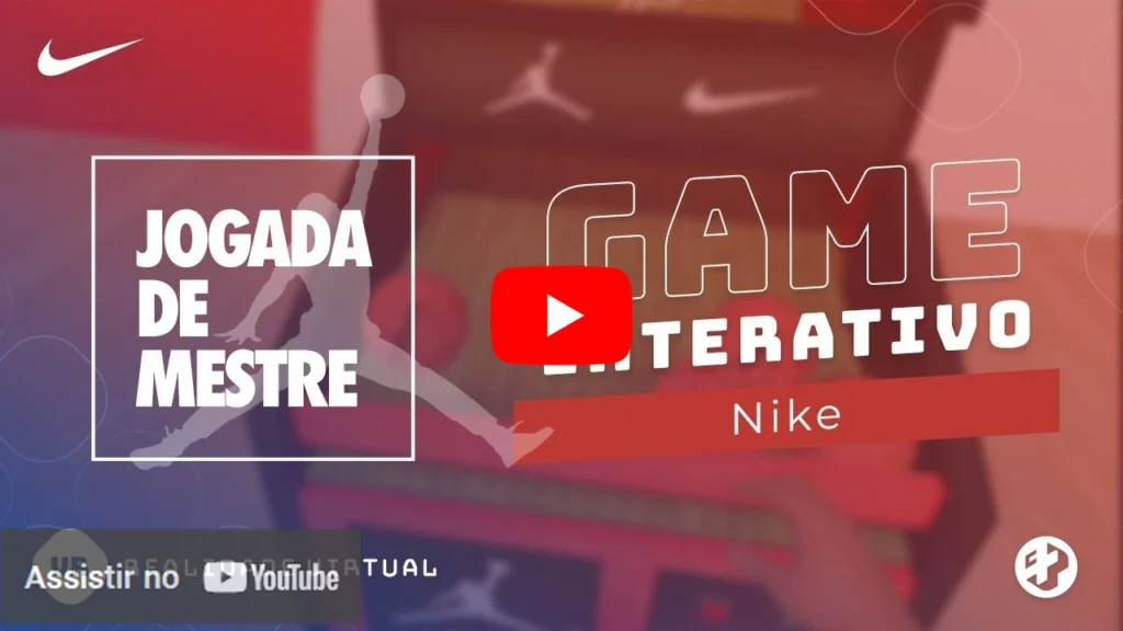 Imagem promocional do game interativo “Jogada de Mestre” da Nike, com silhueta de jogador de basquete e logotipo da marca.