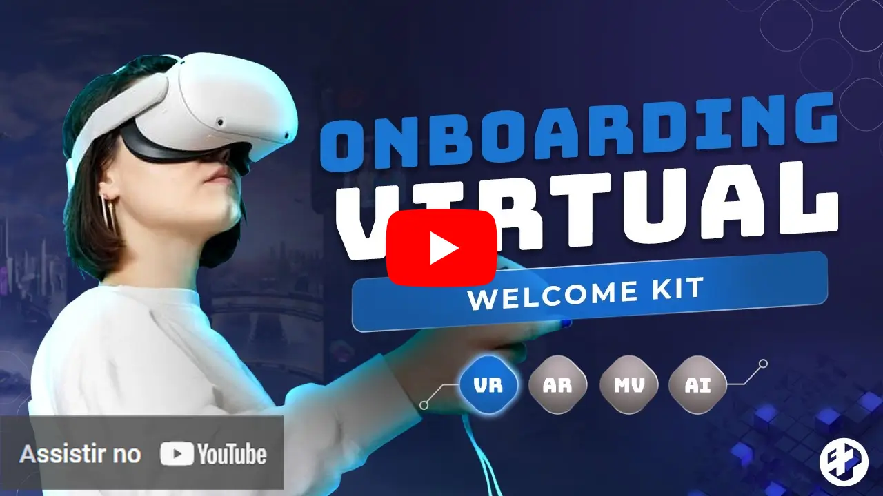 Mulher utilizando headset de realidade virtual com texto "Onboarding Virtual Welcome Kit"