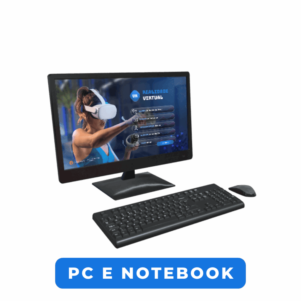 Imagem de computador desktop com teclado em 3D.