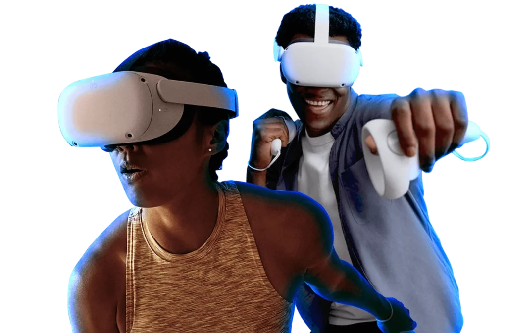 Duas pessoas usando headsets de realidade virtual com controles, envolvidas em uma experiência imersiva