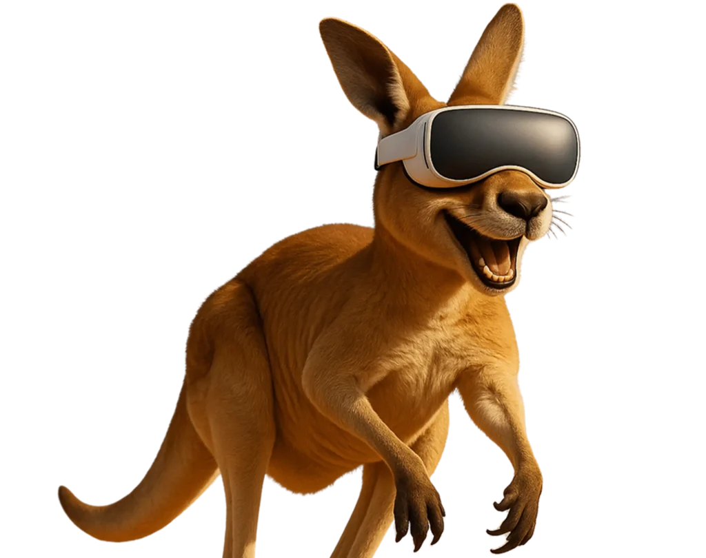 Canguru com óculos de Realidade Virtual simbolizando o início da Casa Mais na Austrália e o pioneirismo em experiências imersivas.