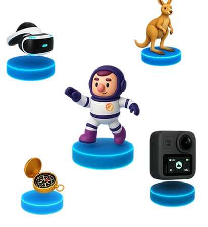 Ilustração com astronauta e ícones de realidade virtual, aventura e tecnologia representando pioneirismo da Casa Mais.