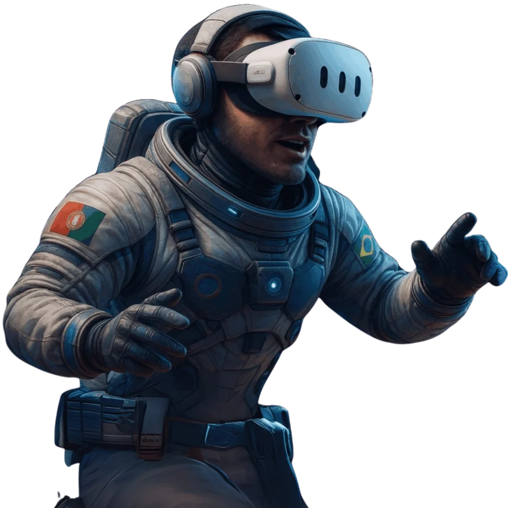 Astronauta com óculos de Realidade Virtual simbolizando o pioneirismo da Casa Mais em tecnologias imersivas no Brasil