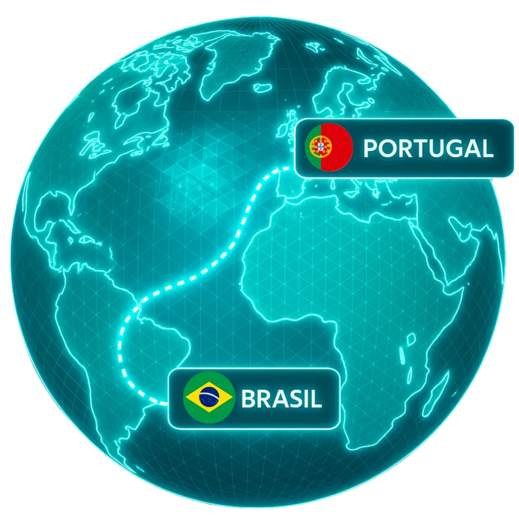Globo digital com ligação entre Brasil e Portugal representando a atuação internacional da Casa Mais