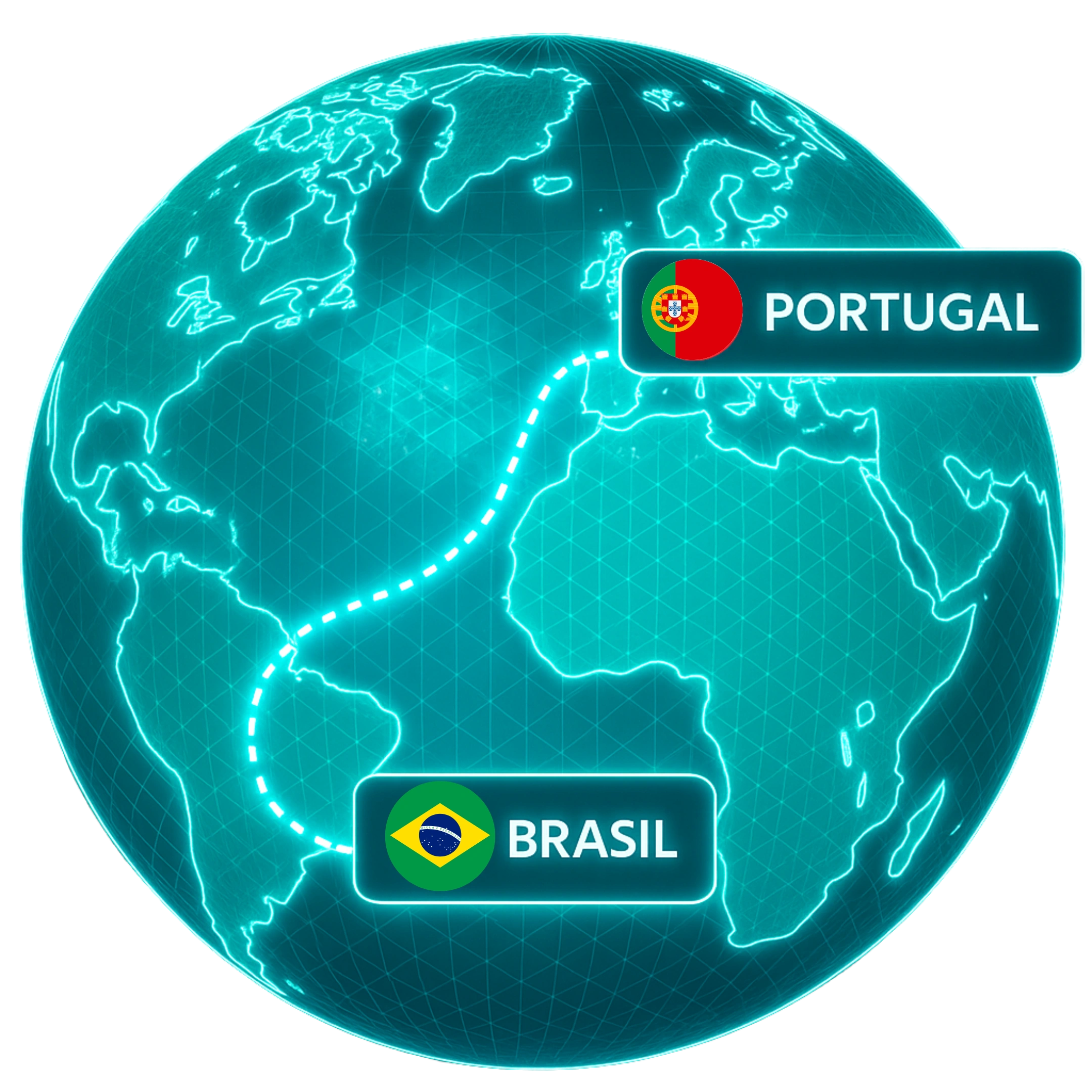Globo digital com ligação entre Brasil e Portugal representando a atuação internacional da Casa Mais