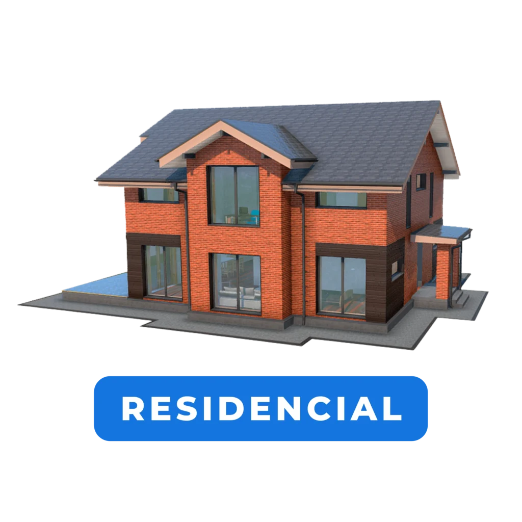 Modelo 3D de casa residencial moderna em tijolos vermelhos com telhado cinza.