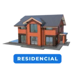 Modelo 3D de casa residencial moderna em tijolos vermelhos com telhado cinza.