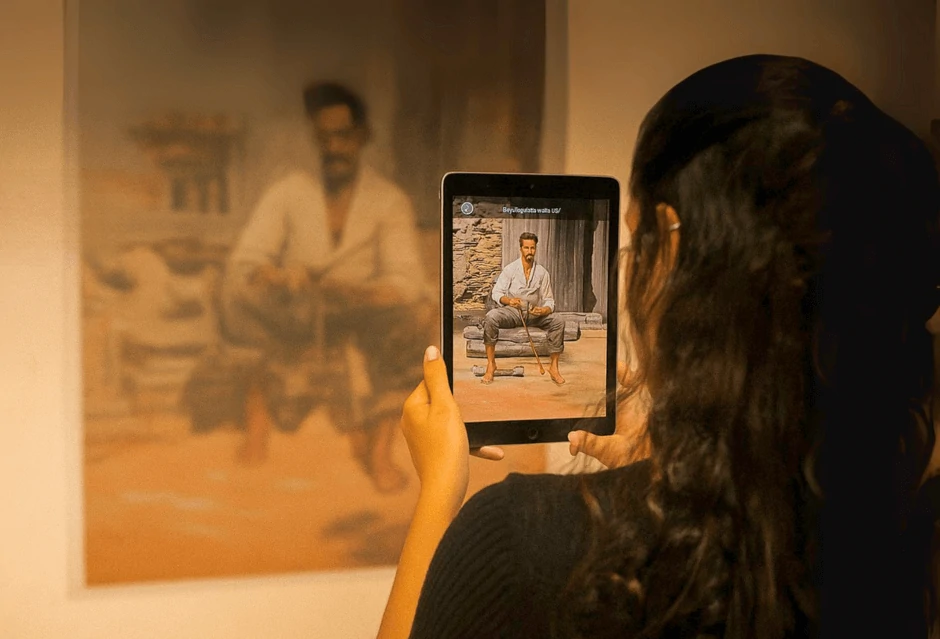 Mulher usando tablet com Realidade Aumentada para visualizar pintura ganhar vida.