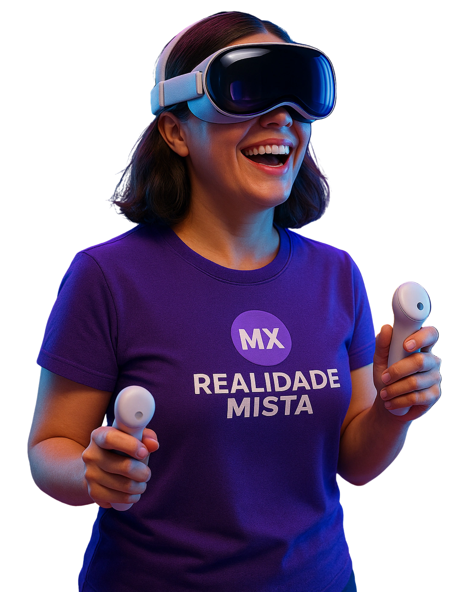 Mulher sorridente com óculos de Realidade Mista e camiseta MX segurando controles imersivos.